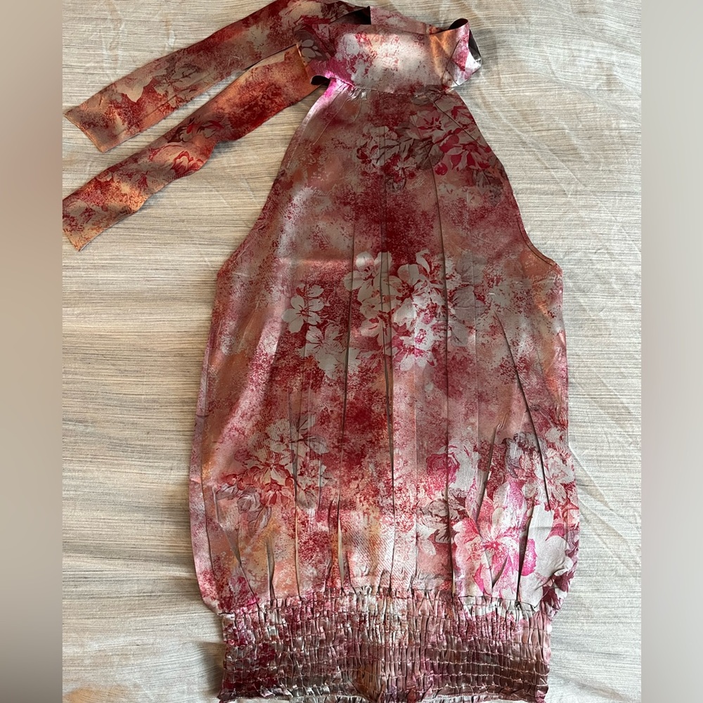 Satin silver and pink flowered halter with tie bow neck